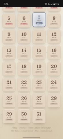 Year Lock Journal — the year grid, days locking one by one